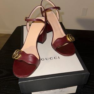 Gucci Marmot Mid Heel Sandal 37.5 Heel Shoe Brown Bordeaux Leather Logo Chunky